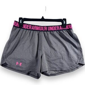 Under Armour HeatGear Womens Gray Neon Pink Play Up 3 Athletic Shorts Small